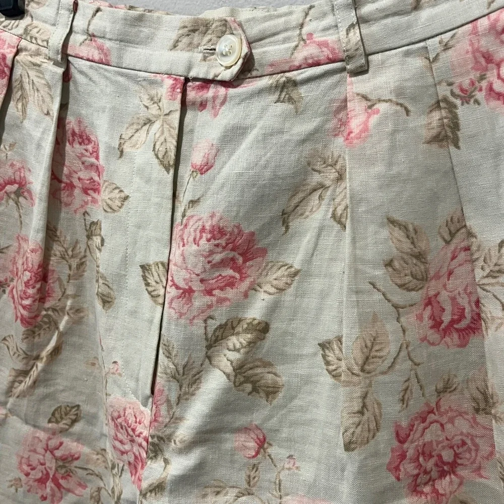 Vintage Lauren Ralph Lauren Shorts Womens 8 Beige Floral Linen Pleated Cuffed - Picture 4 of 7